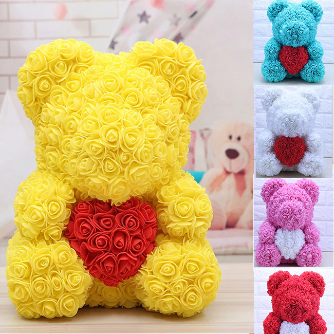 Oferte la Ursulet Rose Bear din Trandafiri de spuma cu inima, in cutie cu funda, 40 cm (Culoare bijuterii: Gri)