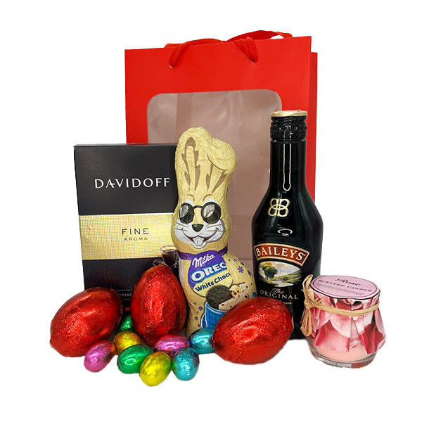 Oferte la Pachet HappyEaster, Cafea Davidoff Fine Aroma, whisky Baileys’, lumanare parfumata cu mireasma de rose, iepuras milka oreo si oua de ciocolata (TIP PRODUS: Set)