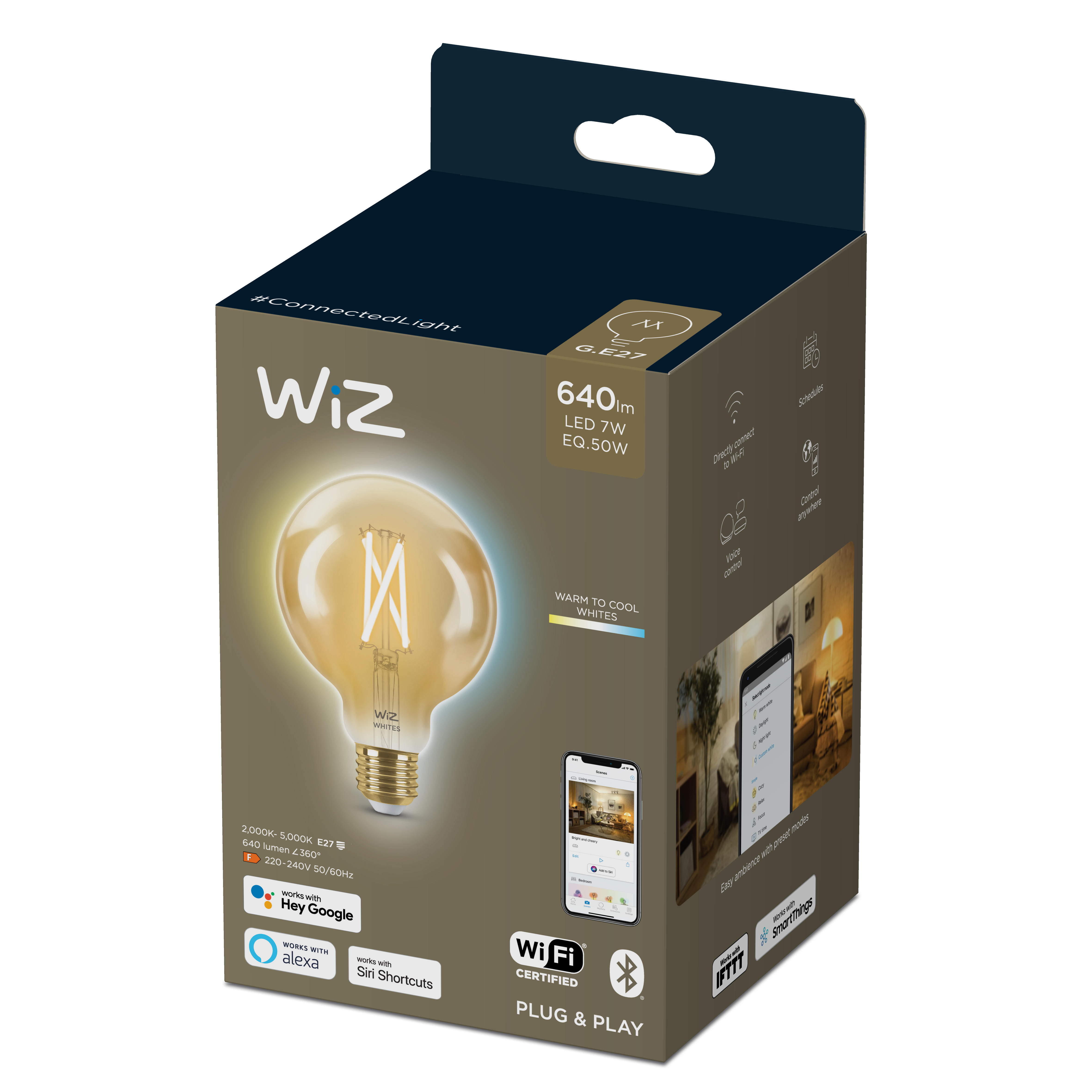 Oferte la Bec LED cu WIFI Wiz Connected Light, alba calda, E27, 7 W, 640 Im, 2000k-5000k