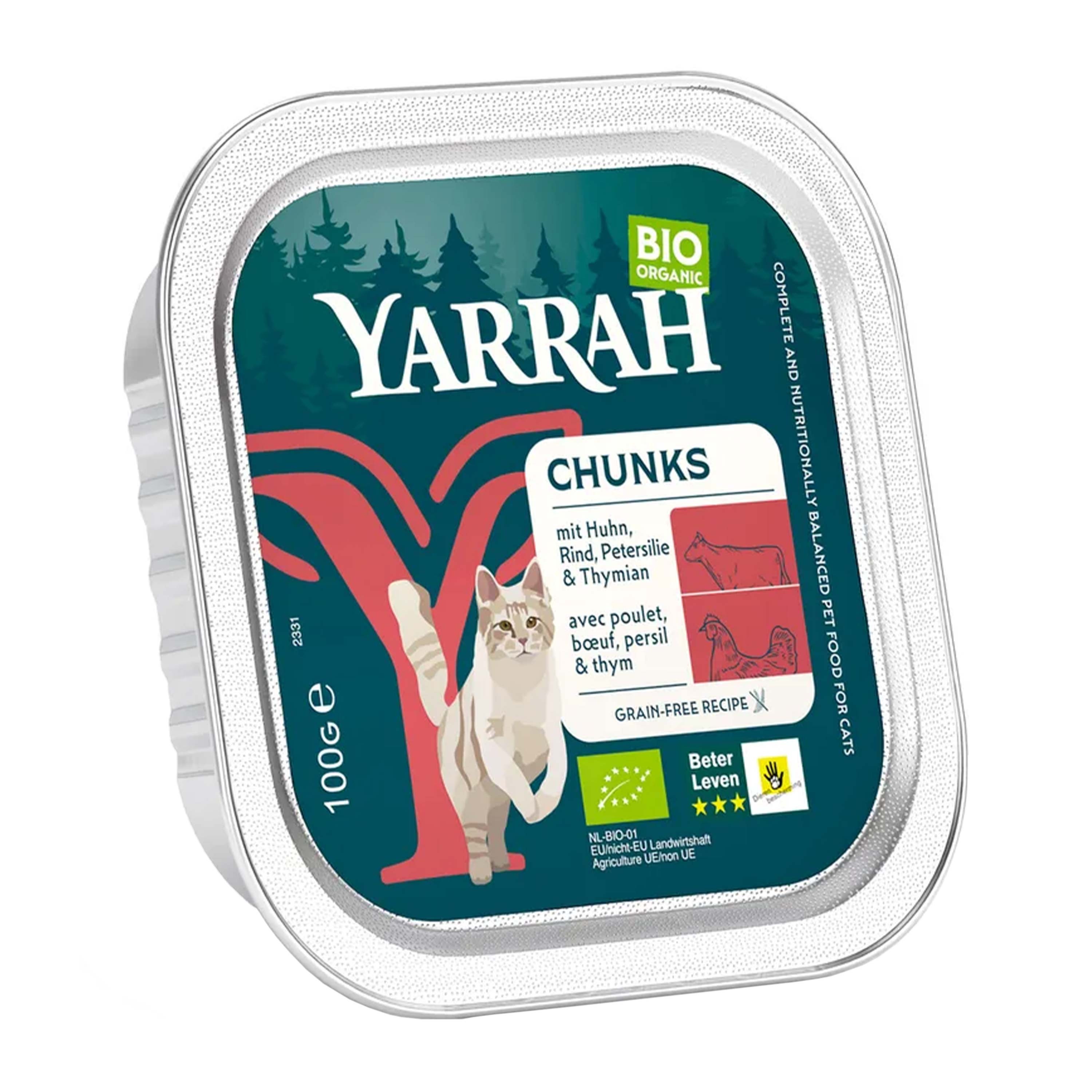 Oferte la Hrana umeda bio pentru pisici cu carne de pui, vita, patrunjel si cimbru, 100g Yarrah