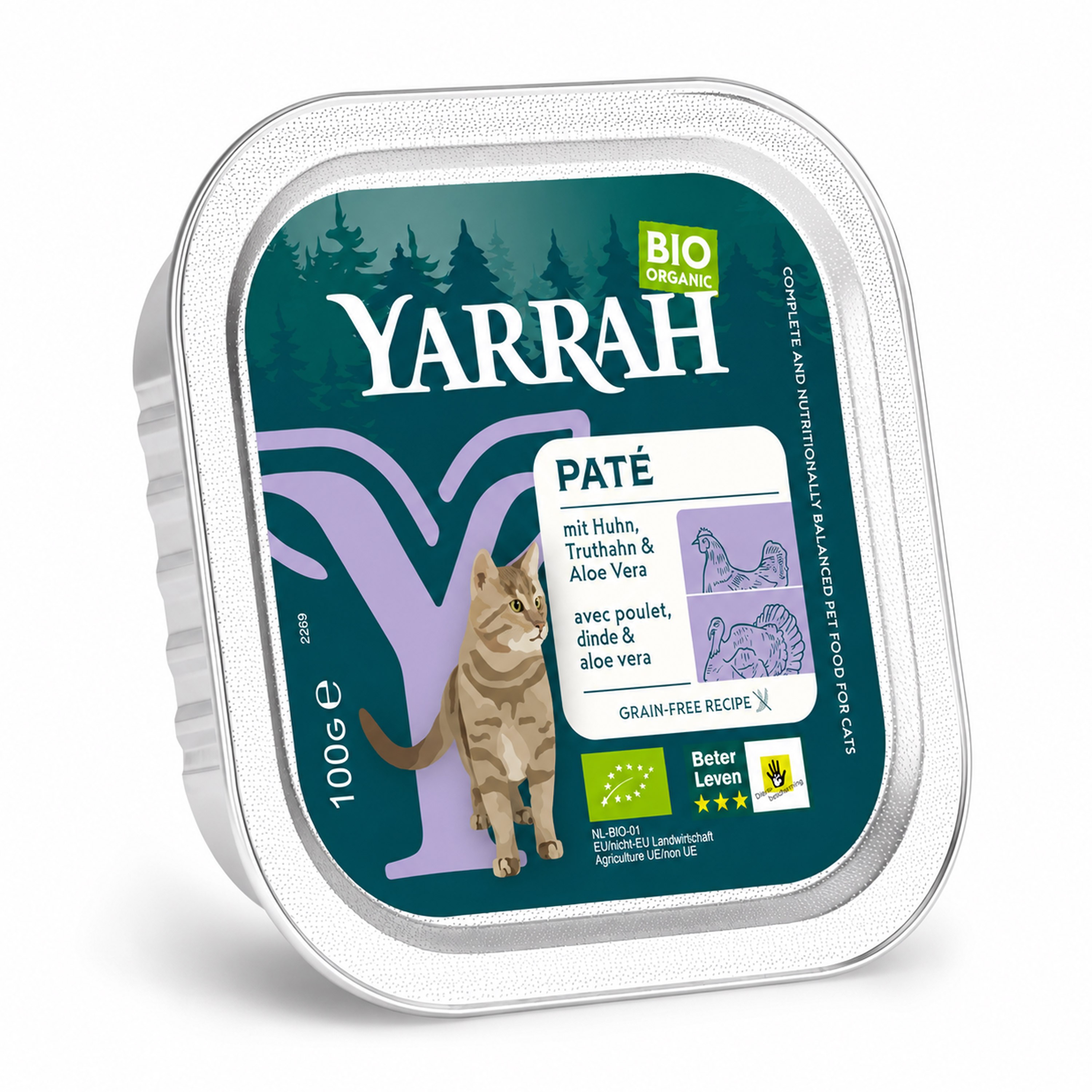 Oferte la Hrana umeda bio pentru pisici, pate cu carne de pui si curcan cu aloe vera, 100g Yarrah