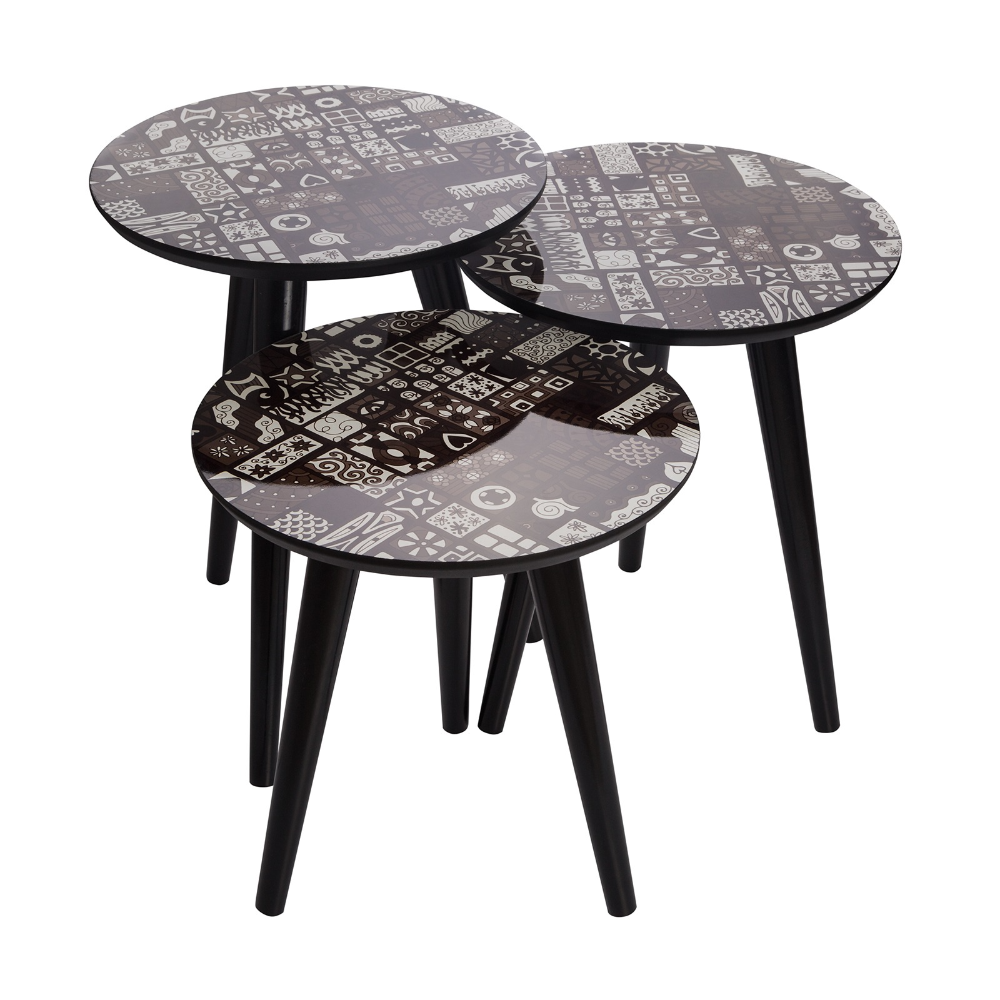 Oferte la Set 3 mese de cafea Ela, MDF melaminat + lemn, maro + alb + negru, 51.5 x 38 cm, 46.5 x 38 cm, 42 x 38 cm