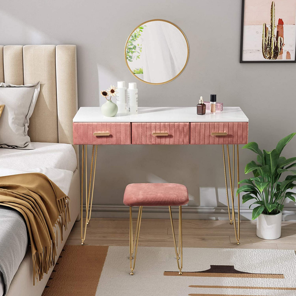 Oferte la SEA349 - Set Masa toaleta, 100 cm, cosmetica machiaj cu oglinda si scaun, masuta vanity - Alb