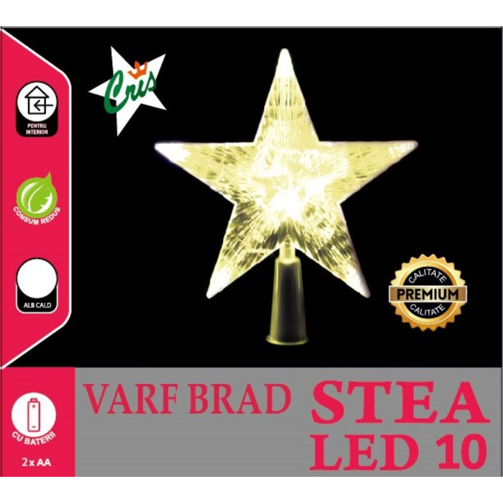 Oferte la Varf pentru bradul de Craciun Cris, stea, 10 LED-uri, alb, cald, 16 cm, interior, alimentare baterii