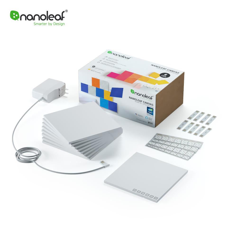 Oferte la Kit 9 Panouri luminoase inteligente Nanoleaf Canvas cu senzor muzica, LED RGBW, Wi-Fi, Control tactil, Control de pe telefonul mobil