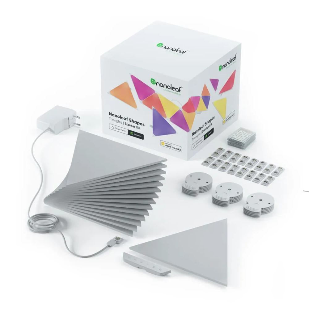 Oferte la Kit 15 Panouri luminoase Nanoleaf Shapes Triangles, Iluminare LED RGBW, Senzor muzica, Cablu 2.5 m, Compatibil cu asistenti vocali