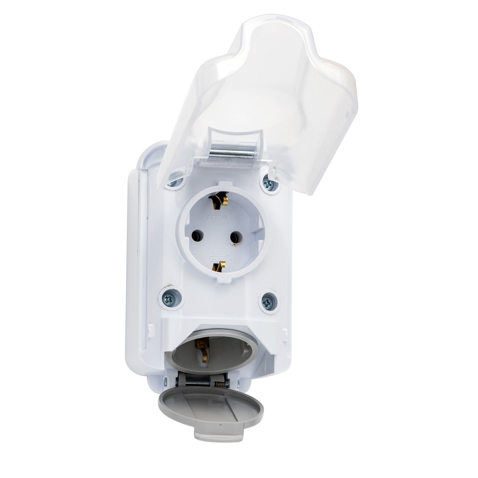 Oferte la Priza exterioara dubla cu capac orizontal Atra, cu contact de protectie, 250 V, alb