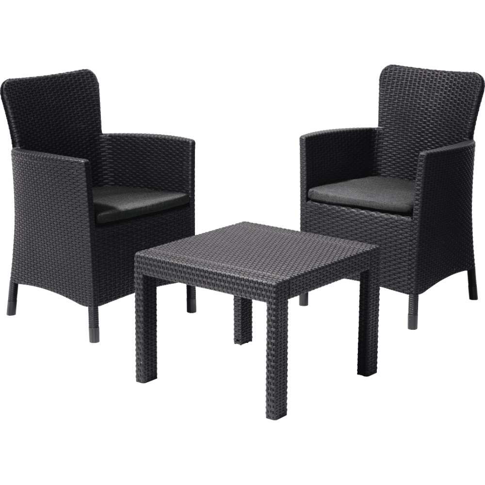 Oferte la Set mobilier de gradina/ balcon, 3 piese, Keter Salvador, plastic, 2 scaune 62 x 60 x 89 cm, masa 59 x 59 x 43 cm, gri antracit