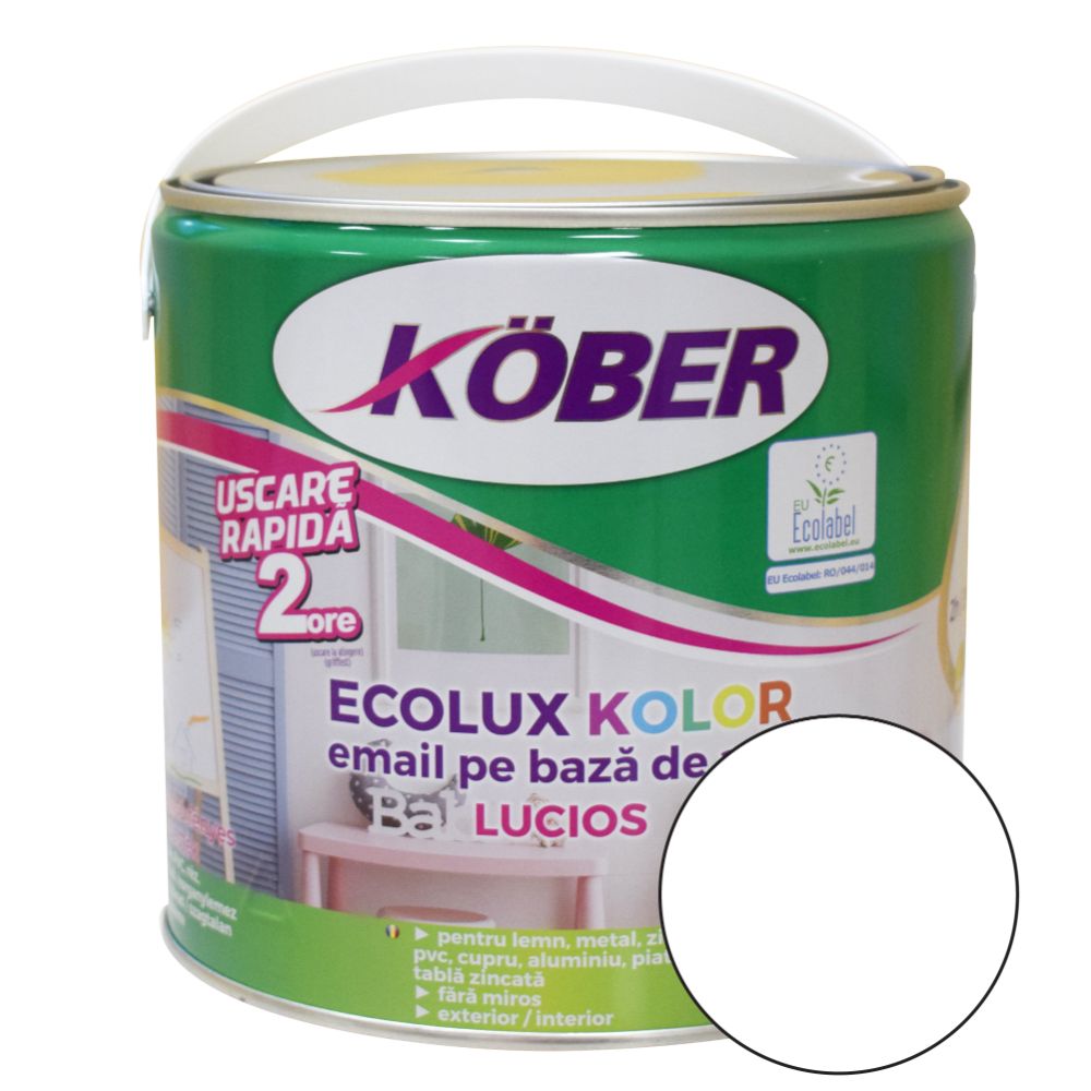 Oferte la Email Kober Ecolux Kolor, pentru lemn/metal, interior/exterior, pe baza de apa, alb lucios, 2.5 l