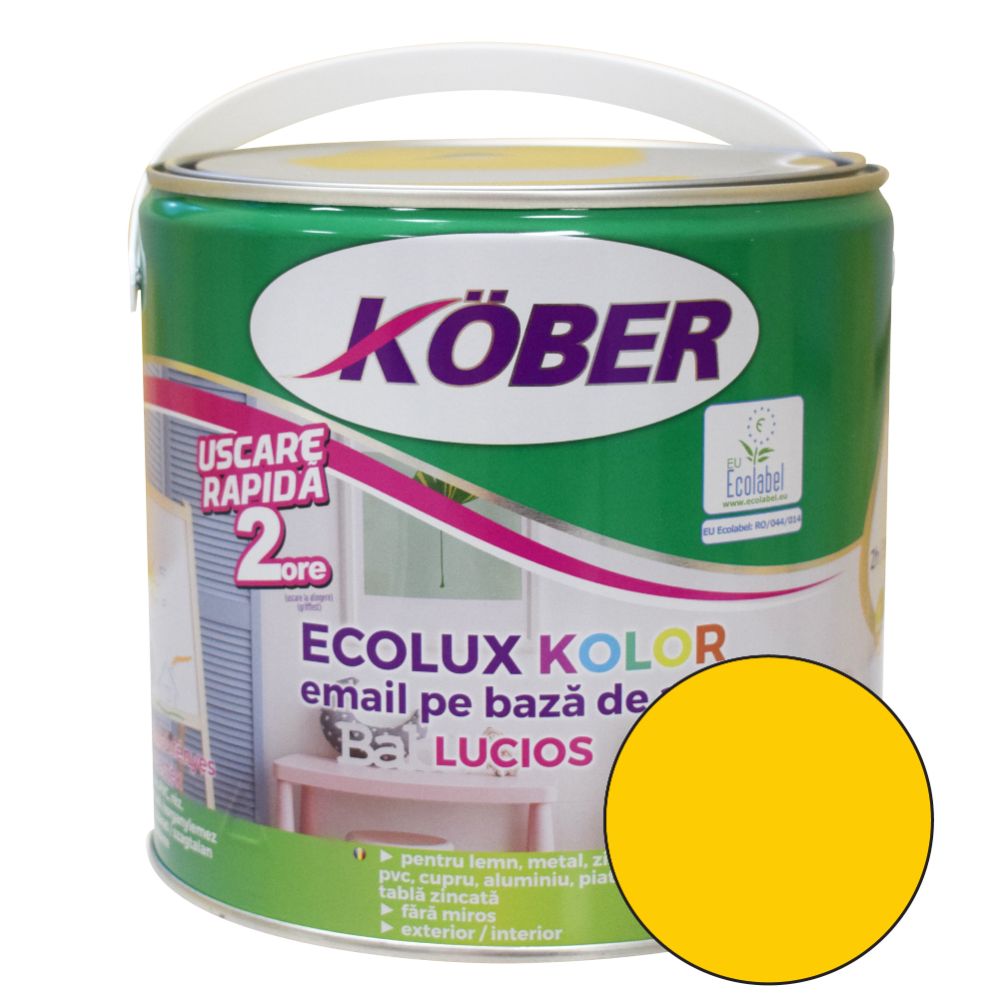 Oferte la Email Kober Ecolux Kolor, pentru lemn/metal, interior/exterior, pe baza de apa, galben lucios, 2.5 l