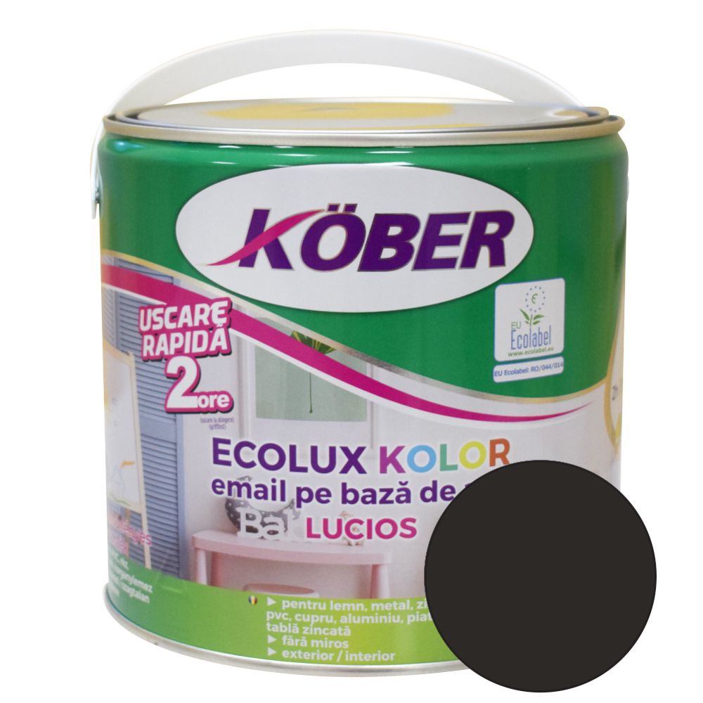 Oferte la Email Kober Ecolux Kolor, pentru lemn/metal, interior/exterior, pe baza de apa, negru lucios, 2.5 l
