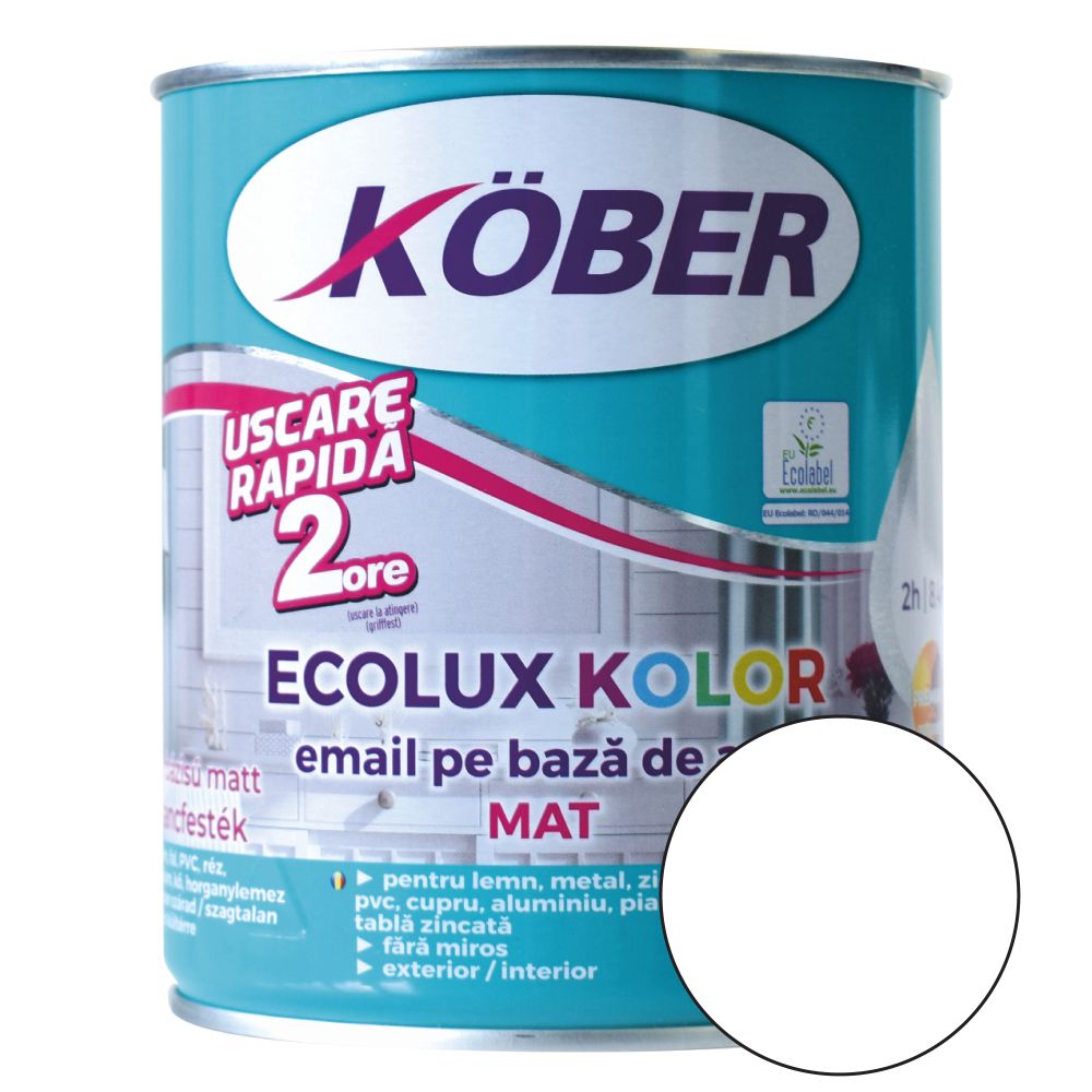 Oferte la Email Kober Ecolux Kolor, pentru lemn/metal, interior/exterior, pe baza de apa, alb mat, 0.6 l