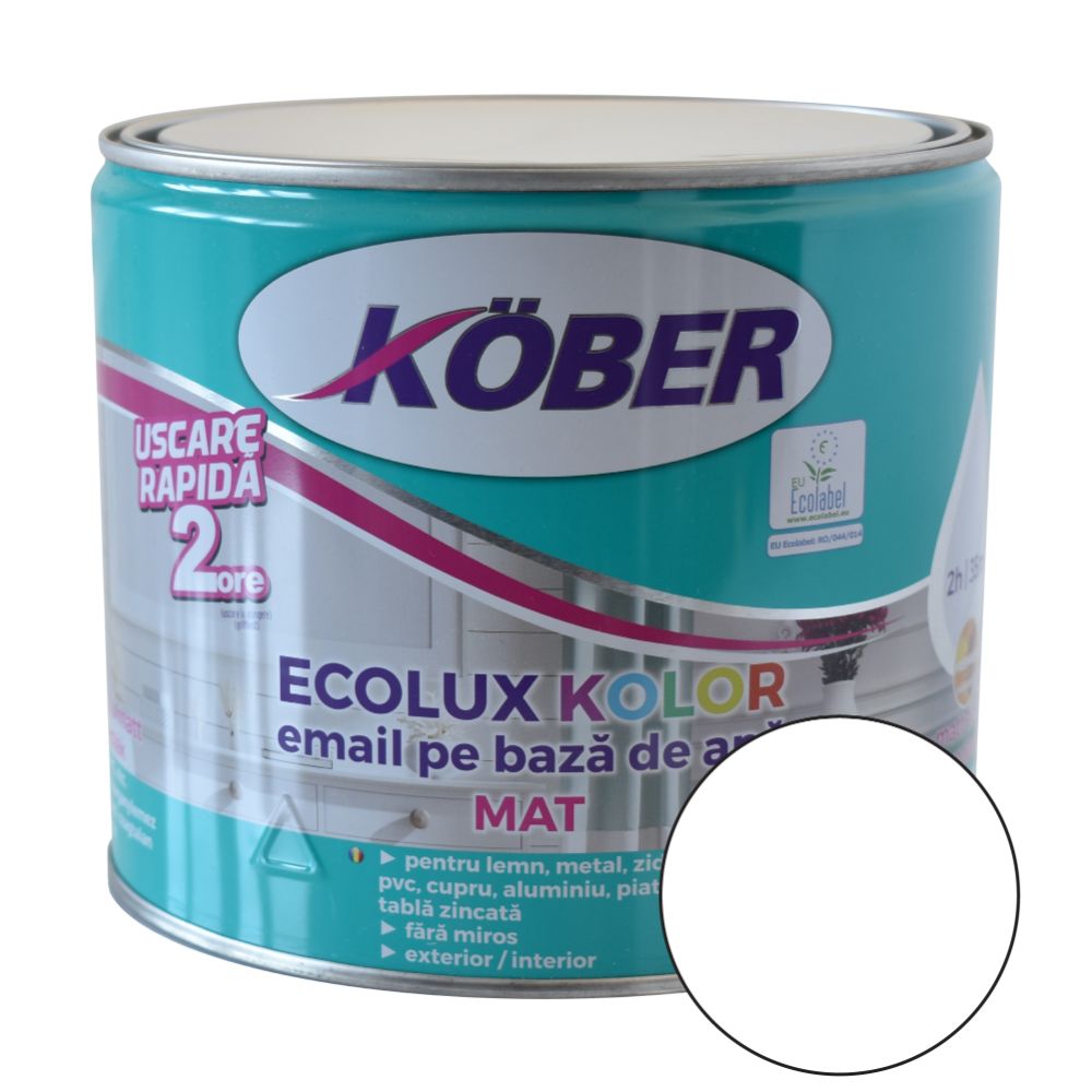Oferte la Email Kober Ecolux Kolor, pentru lemn/metal, interior/exterior, pe baza de apa, alb mat, 2.5 l