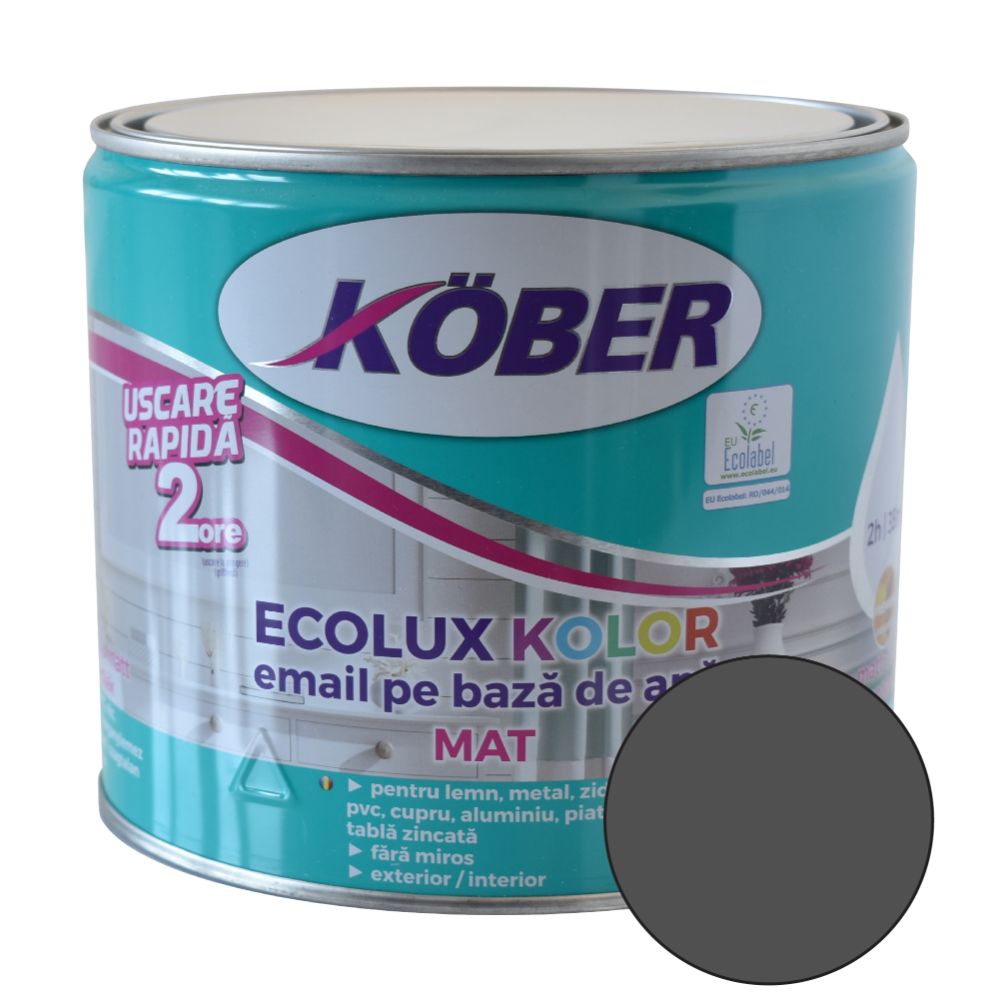 Oferte la Email Kober Ecolux Kolor, pentru lemn/metal, interior/exterior, pe baza de apa, mat, gri antracit, 2.5 l