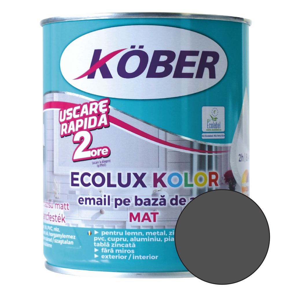 Oferte la Email Kober Ecolux Kolor, pentru lemn/metal, interior/exterior, pe baza de apa, mat, gri antracit, 0.6 l