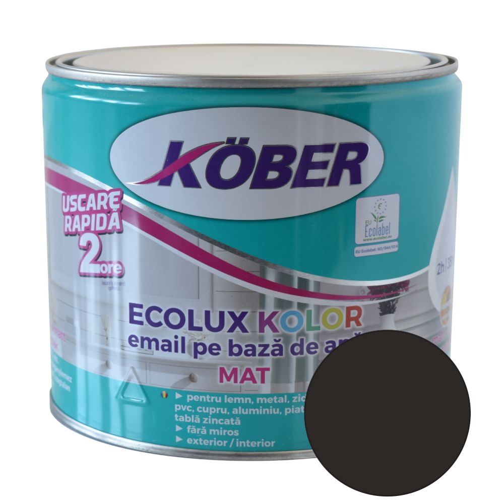 Oferte la Email Kober Ecolux Kolor, pentru lemn/metal, interior/exterior, pe baza de apa, negru mat, 2.5 l