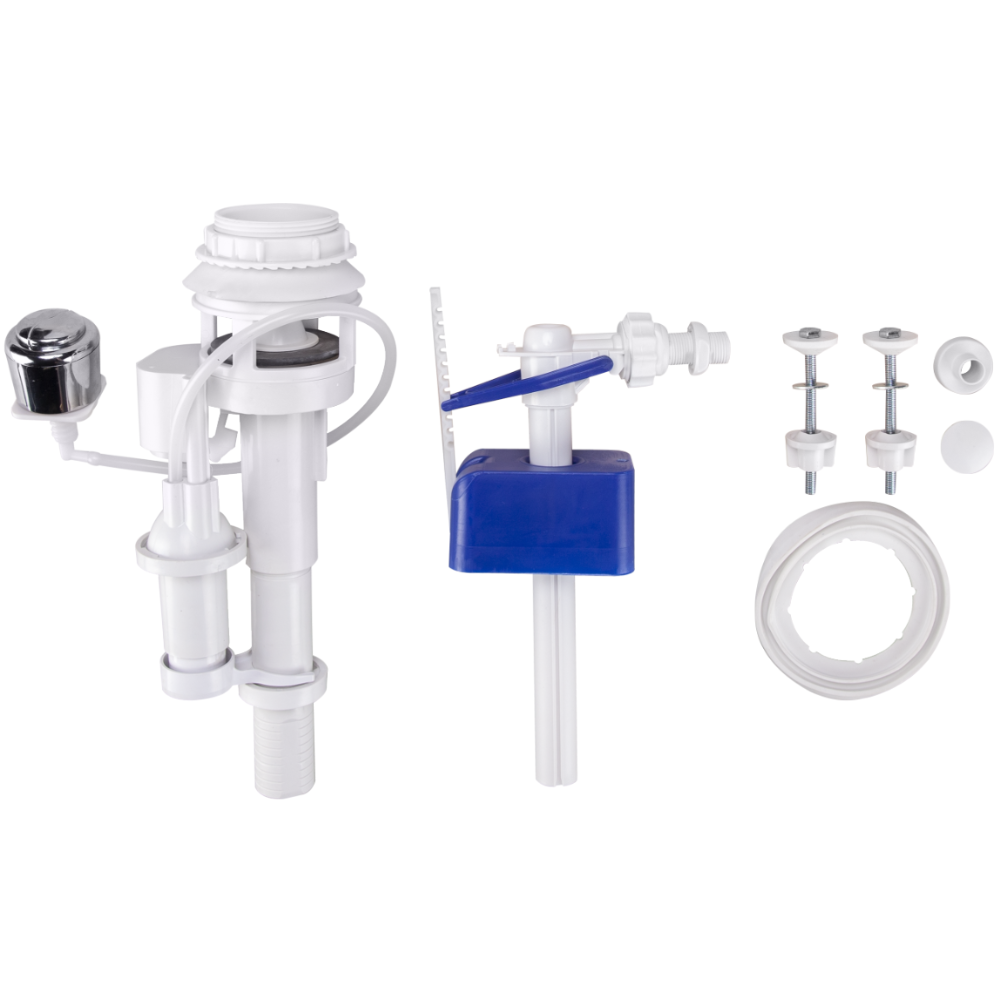 Oferte la Mecanism WC + robinet flotor cu intrare laterala, actionare pneumatica, 3/8, buton argintiu, 23 cm
