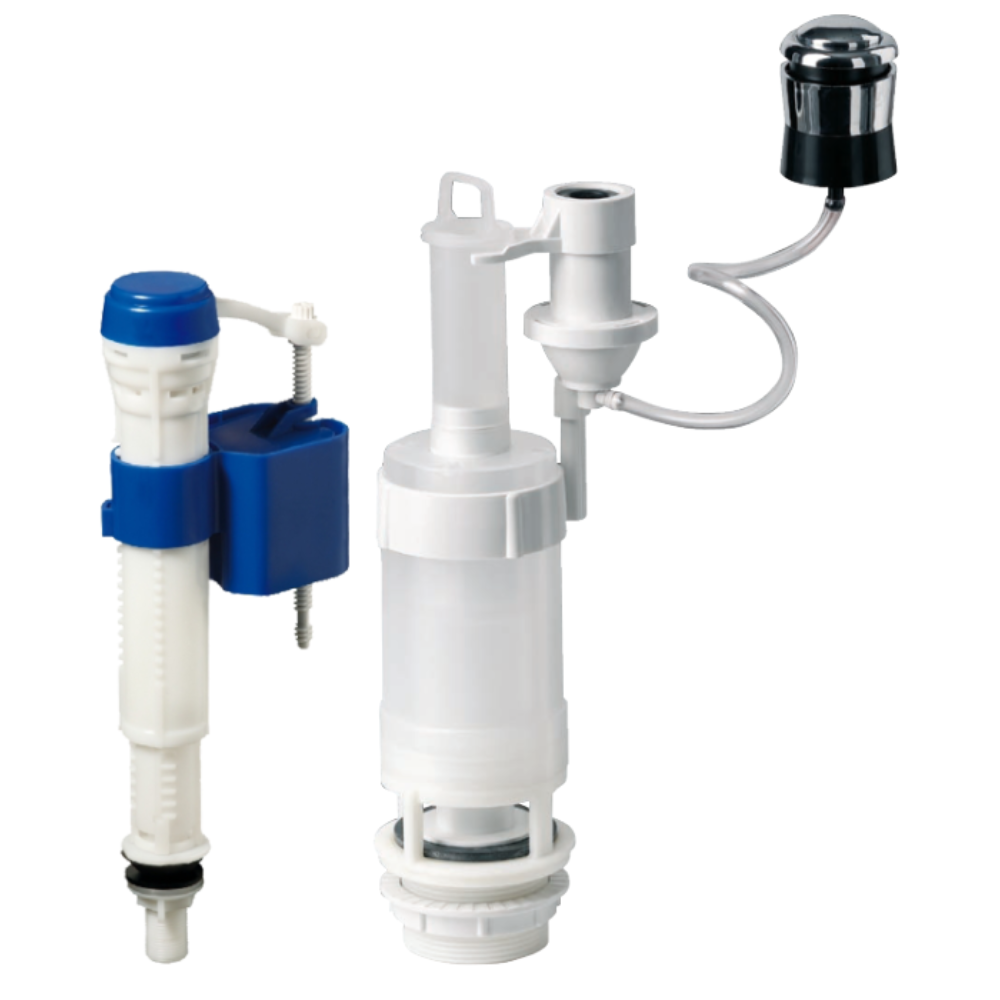 Oferte la Mecanism WC + robinet flotor cu intrare verticala, actionare pneumatica, 3/8, buton argintiu, 27 cm