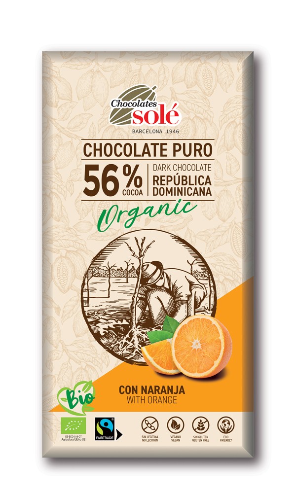 Oferte la Ciocolata neagra bio cu portocale, 56% cacao, 100g Chocolates Sole