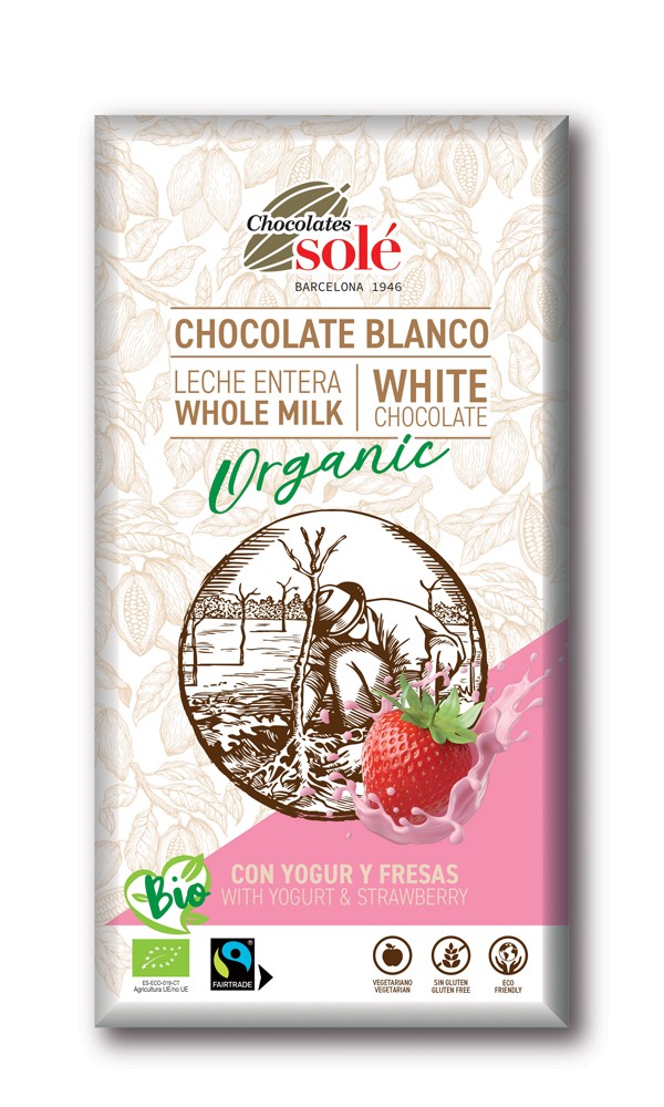 Ciocolata alba bio cu iaurt si capsuni, 100g Chocolates Sole