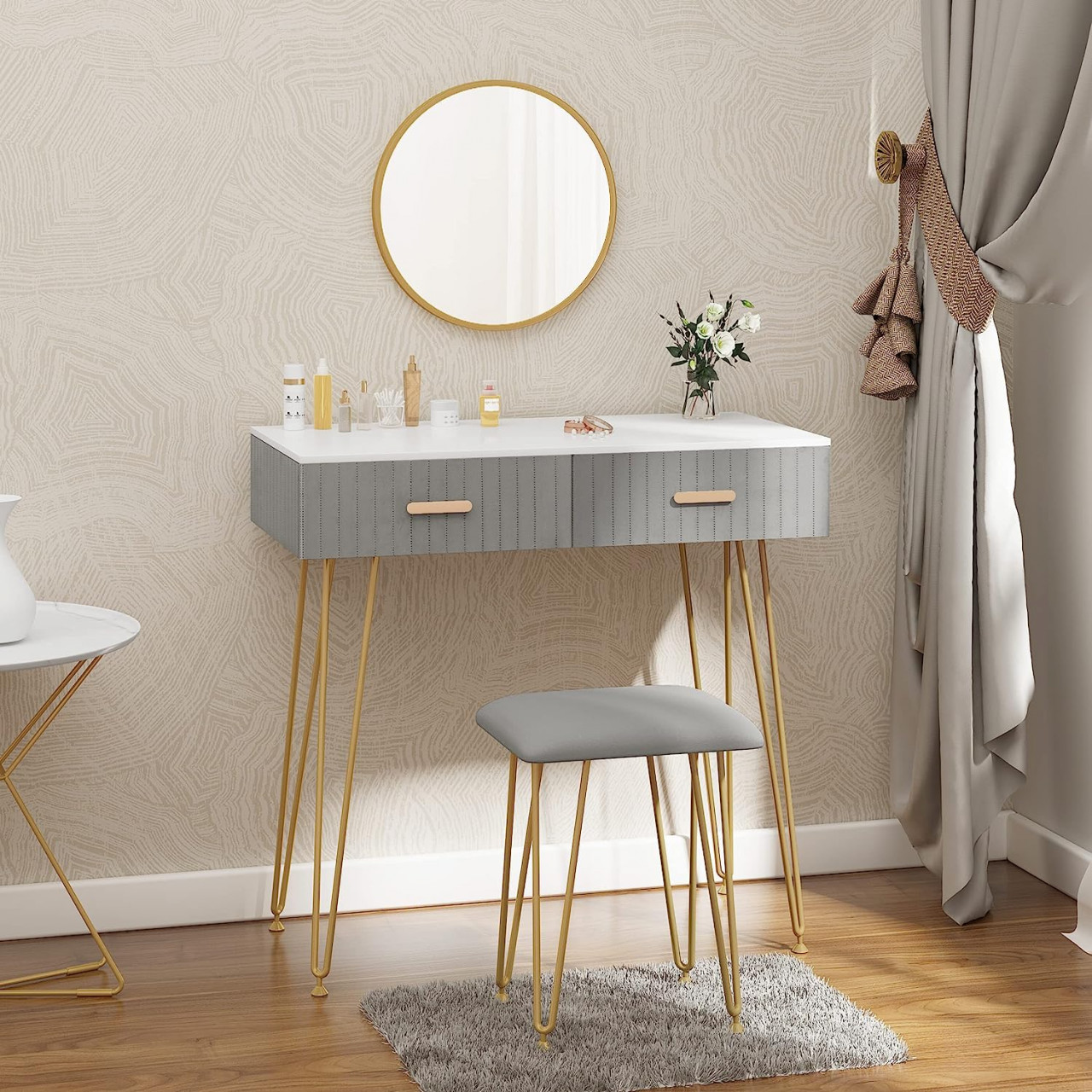 Oferte la SEG210 - Set Masa toaleta, 80 cm, cosmetica machiaj cu oglinda si scaun, masuta vanity - Gri