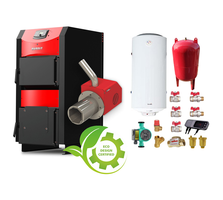 Oferte la Pachet Centrala mixta combustibil solid si peleti Burnit NWB PRIME 50 kW si Arzator pe peleti Pell Eco 35 kWventilator automatizare serpentina racire flansa arzator pompa circulatie 25-60 vas expansiune 50 l boiler termoelectric Fornello 120 l