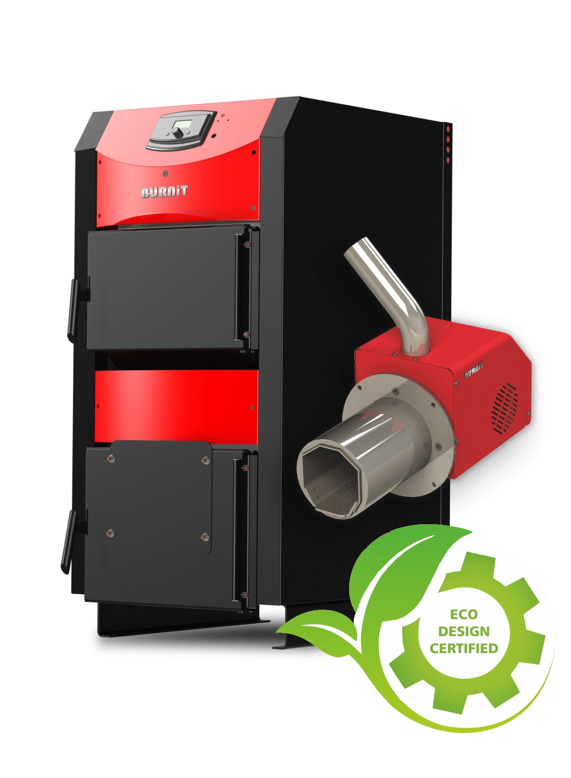 Oferte la Pachet incalzire si apa calda 4 camere Centrala mixta combustibil solid si peleti Burnit NWB PRIME 30 kW si Arzator pe peleti Pell Eco 35 kW calorifere ventilator automatizare serpentina racire flansa arzator pompa circulatie 25-60 vas expansi