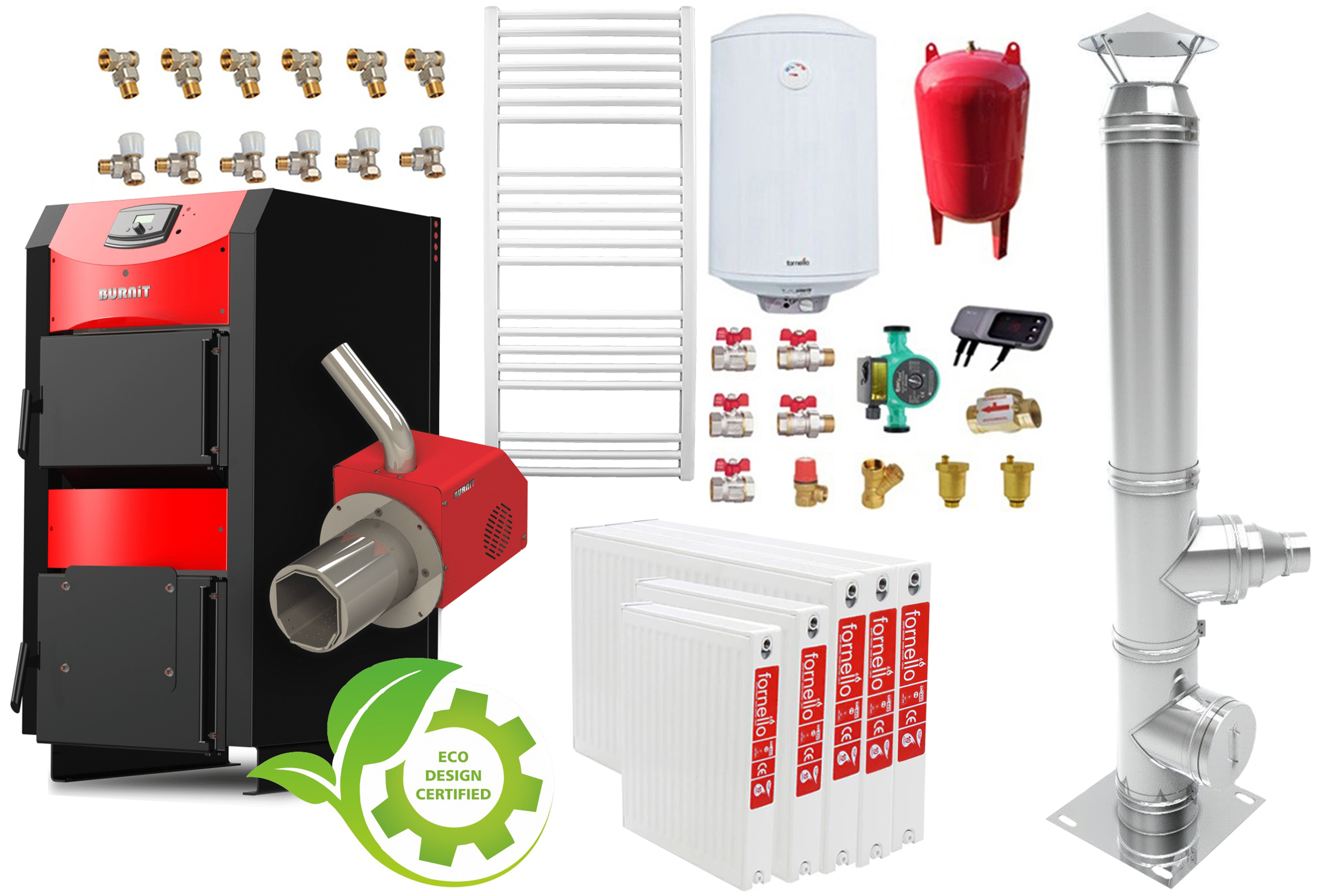 Oferte la Pachet incalzire si apa calda 4 camere Centrala mixta combustibil solid si peleti Burnit NWB PRIME 30 kW si Arzator pe peleti Pell Eco 35 kW calorifere cos inox ventilator automatizare serpentina racire flansa arzator pompa circulatie 25-60 v
