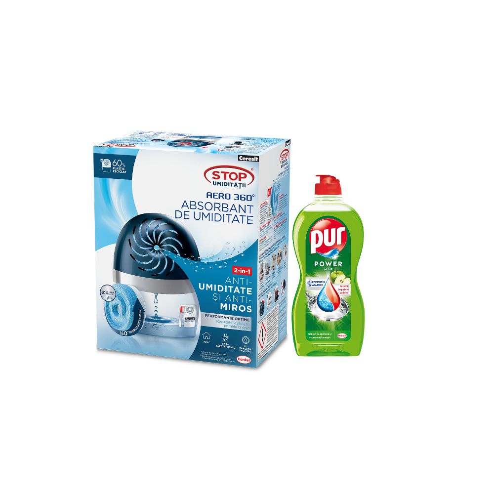 Oferte la Dezumidificator camera, absorbant umiditate Ceresit Aero 360, interior + Detergent lichid pentru vase Pur, 450 ml