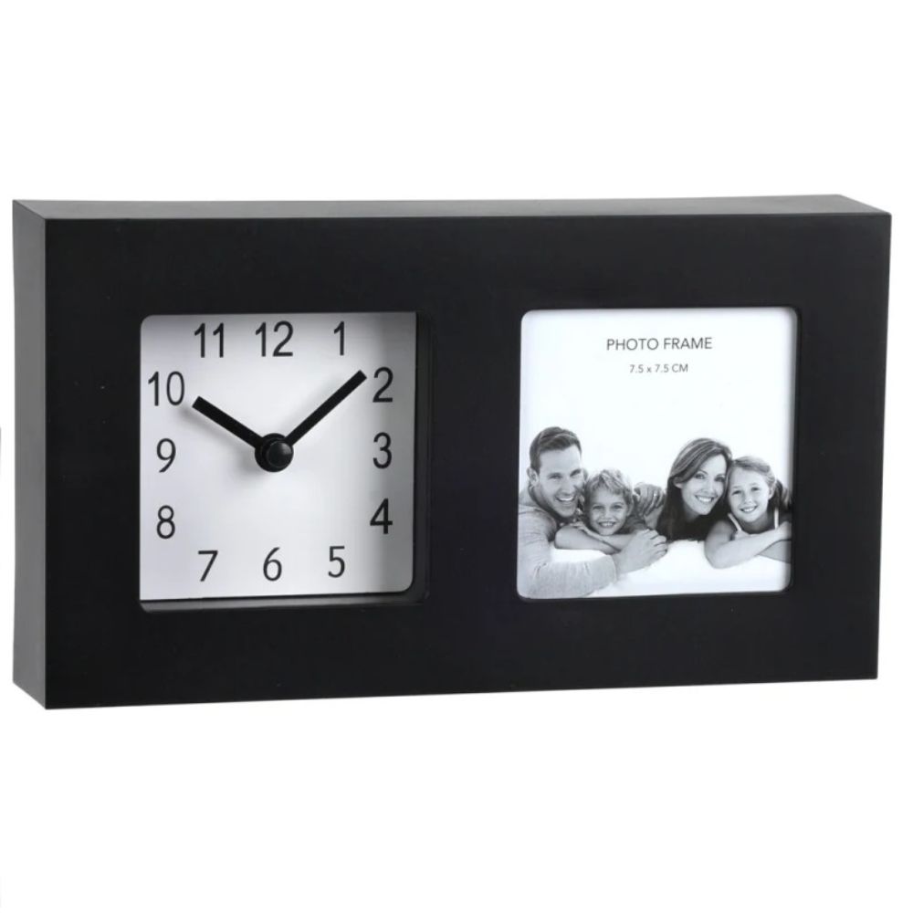 Oferte la Ceas + rama foto, forma dreptunghiulara, plastic, negru, 195 x 109 x 38 mm