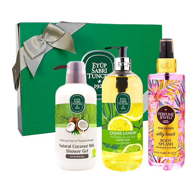 Oferte la Set Cadou Eyup Sabri Tuncer, Spray de Corp Silky Touch 250ml + Gel De Duș Cu Lapte De Nucă De Cocos 600 ml + Săpun Lichid Ulei De Măsline Ceşme Lemon 500 ml
