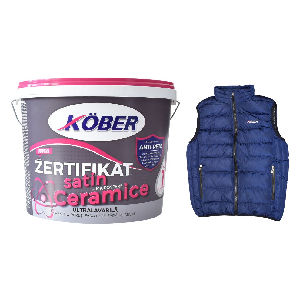 Oferte la Vopsea lavabila interior/exterior Kober Zertifikat Satin, cu microsfere ceramice, alb, 15 l + vesta cadou