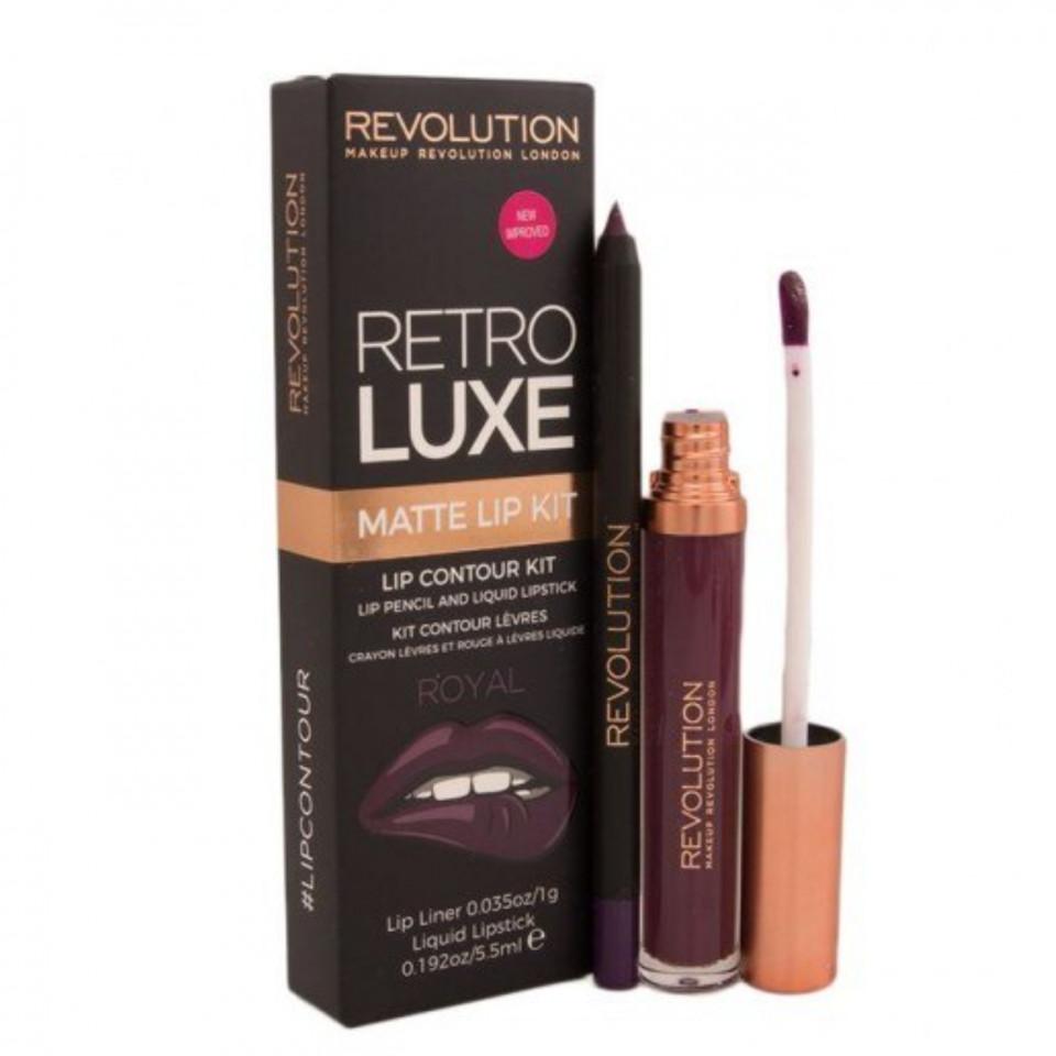 Oferte la Set Makeup Revolution: Ruj lichid Retro Luxe, Mat, Royal, 5,5 ml + Creion de buze Retro Luxe, Royal, 1 g