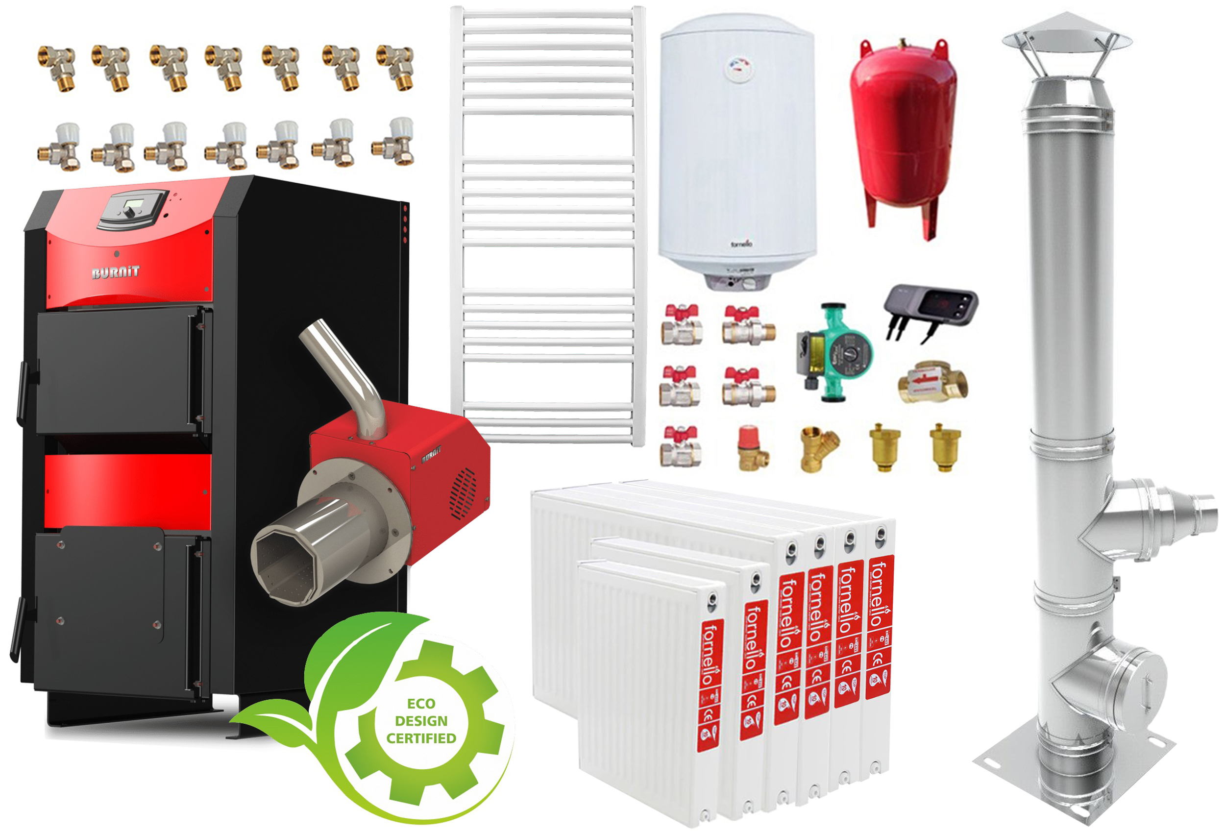 Oferte la Pachet incalzire si apa calda 5 camere Centrala mixta combustibil solid si peleti Burnit NWB PRIME 40 kW si Arzator pe peleti Pell Eco 35 kW calorifere cos inox ventilator si automatizare serpentina racire flansa arzator pompa circulatie 25-60