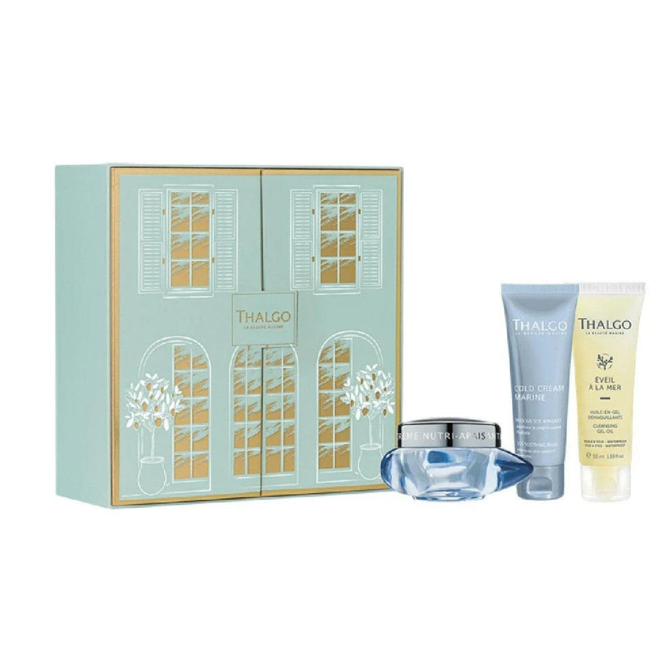 Oferte la Set pentru ten uscat si sensibil, Thalgo Cold Cream Marine Nourishing, Crema 50 ml, Masca efect calmant 50 ml, Gel de curatare pentru fata 50 ml