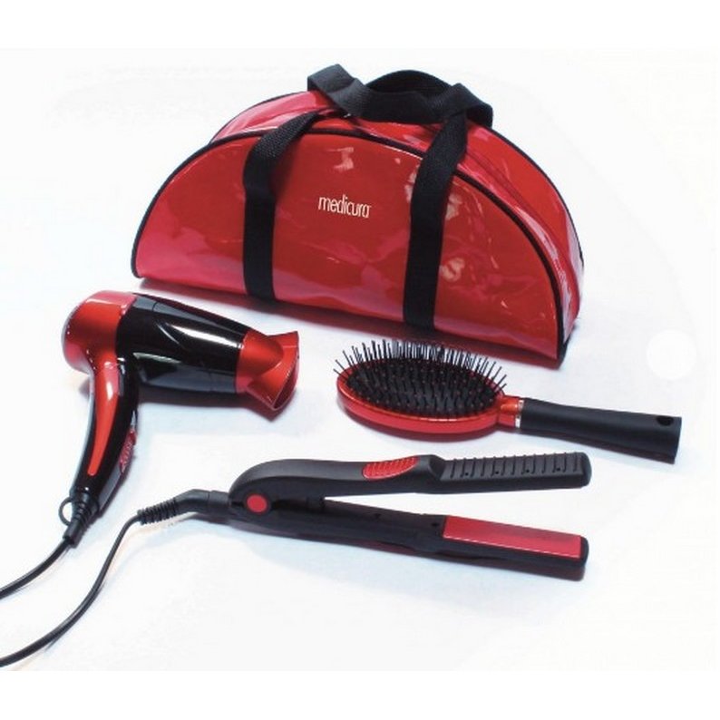 Oferte la Set de Voiaj ARM350 Uscator de par + Placa de indreptat parul + Perie + Borseta Rosu/Negru