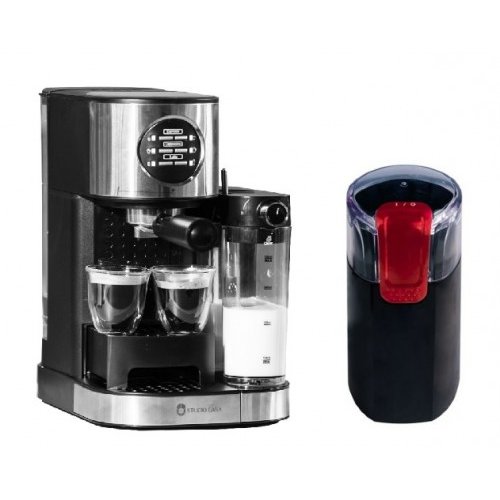 Oferte la Pachet Espressor Cafea SC509 Barista Latte 15bari Recipient Lapte + Rasnita Cafea CG9101B18 Miss Crush 150W Lame Inox Negru/Rosu