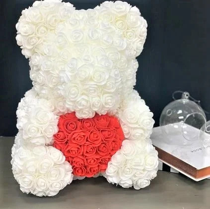 Oferte la Ursulet floral alb cu inimioara rosie decorat manual cu trandafiri spuma 40 cm (TIP PRODUS: Aranjament floral)