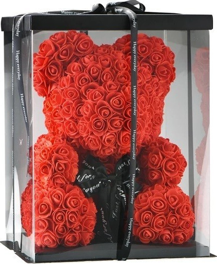 Oferte la Ursulet floral rosu din trandafiri 40 cm, decorat manual, in cutie cadou (TIP PRODUS: Aranjament floral)