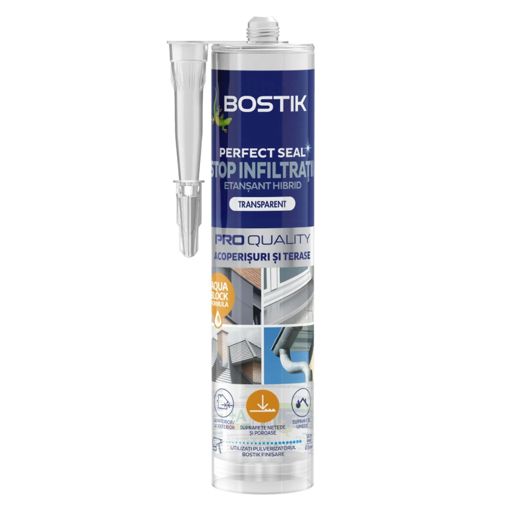Oferte la Etansant hibrid pentru acoperisuri si terase Bostik Stop Infiltratii, interior/exterior, transparent, 290 ml