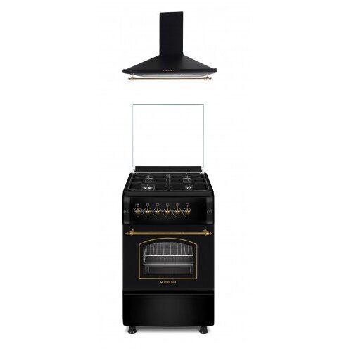 Oferte la Pachet Rustic Aragaz + Hota Decorativa Verona Vintage Black 50/ 55cm 4 Arzatoare Gaz Cuptor gaz Aprindere Electrica Grill Electric 1 Motor Turbo Negru