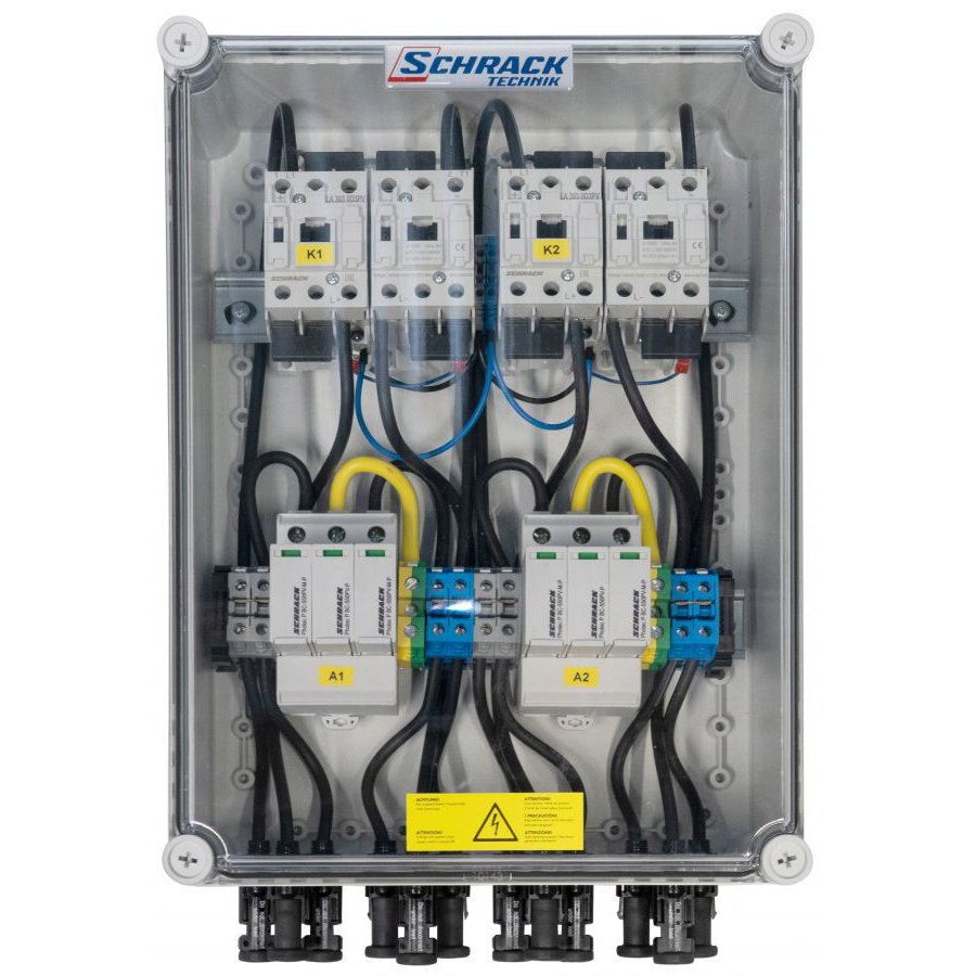 Oferte la Cofret cu descarcator pentru instalatii fotovoltaice ( pentru 2 invertoare ) PV-CombiBox BC Prot.+Fire, 2Mpp Tracker1000Vdc Schrack PVPF1002--