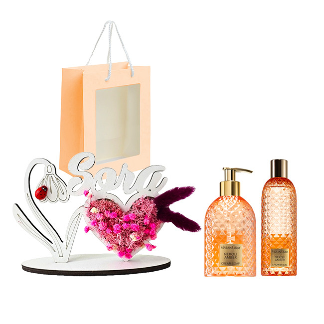 Set cadou BLOOM : Ornament din lemn Draw Me (Sora) + Gel de dus Vivian Gray Neroli & Amber + Sapun lichid Vivian Gray Neroli & Amber