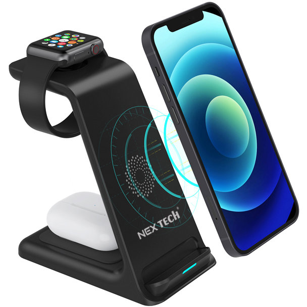 Oferte la Incarcator wireless NEX TECH® Statie de incarcare 3 in 1 Qi Fast Charger 15W Compatibil iPhone Samsung Huawei Xiaomi Apple Watch Airpods 2 3 Pro Negru