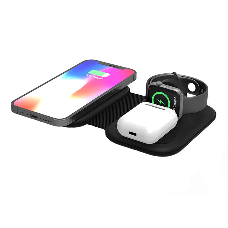Oferte la Incarcator wireless portabil 3 in 1 NEX TECH® 15W Magnetic Magsafe Fast Charge Pliabil Compatibil cu Galaxy Buds, Buds plus, iWatch, Airpods, Apple, Samsung, Xiaomi, Negru