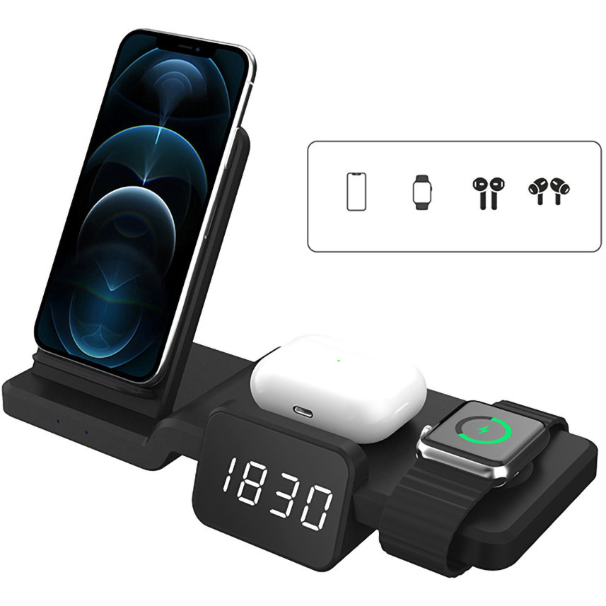 Oferte la Incarcator Wireless NEX TECH® Statie de Incarcare 4 in 1 cu ceas digital Incarcare Rapida 15W Qi Fast Charger Compatibil cu Apple Watch Airpods 2 3 Pro iPhone Android Samsung Huawei Xiaomi Negru
