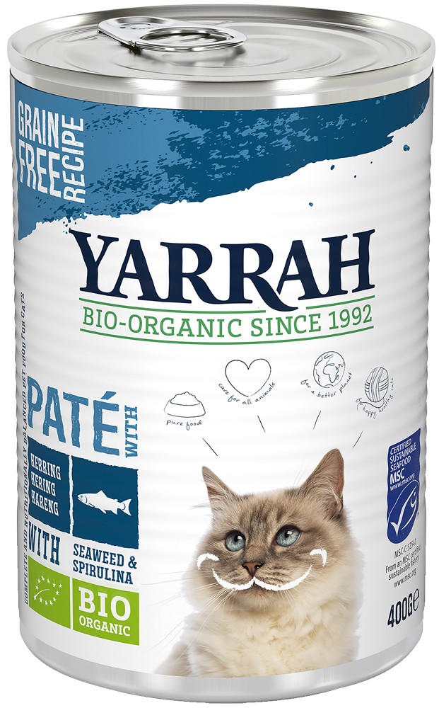 Oferte la Hrana umeda bio pentru pisici, pate cu peste, alge si spirulina, 400g Yarrah