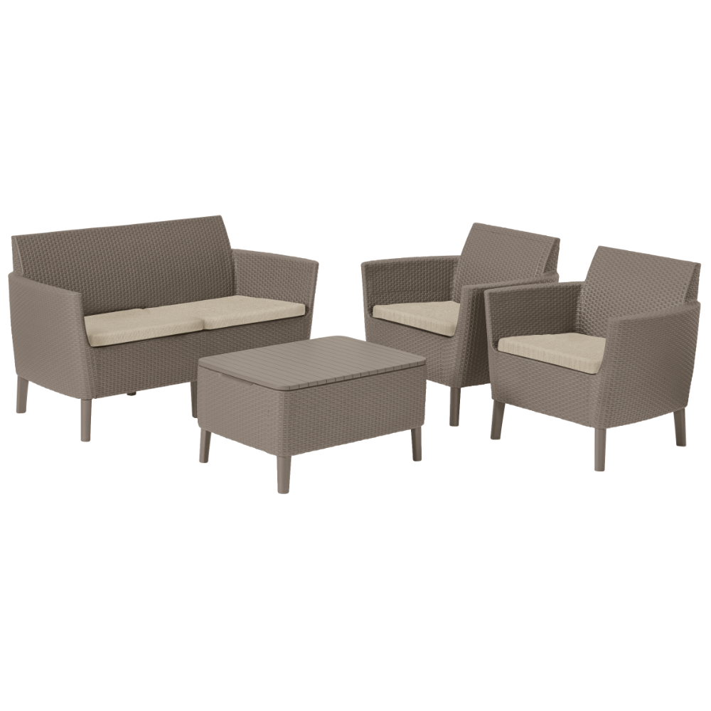 Oferte la Set mobilier de gradina, 4 piese, Keter Salemo, plastic, 2 fotolii 74 x 67 x 76cm, canapea 133 x 67 x 76 cm, masa 76 x 56 x 42cm, cappuccino