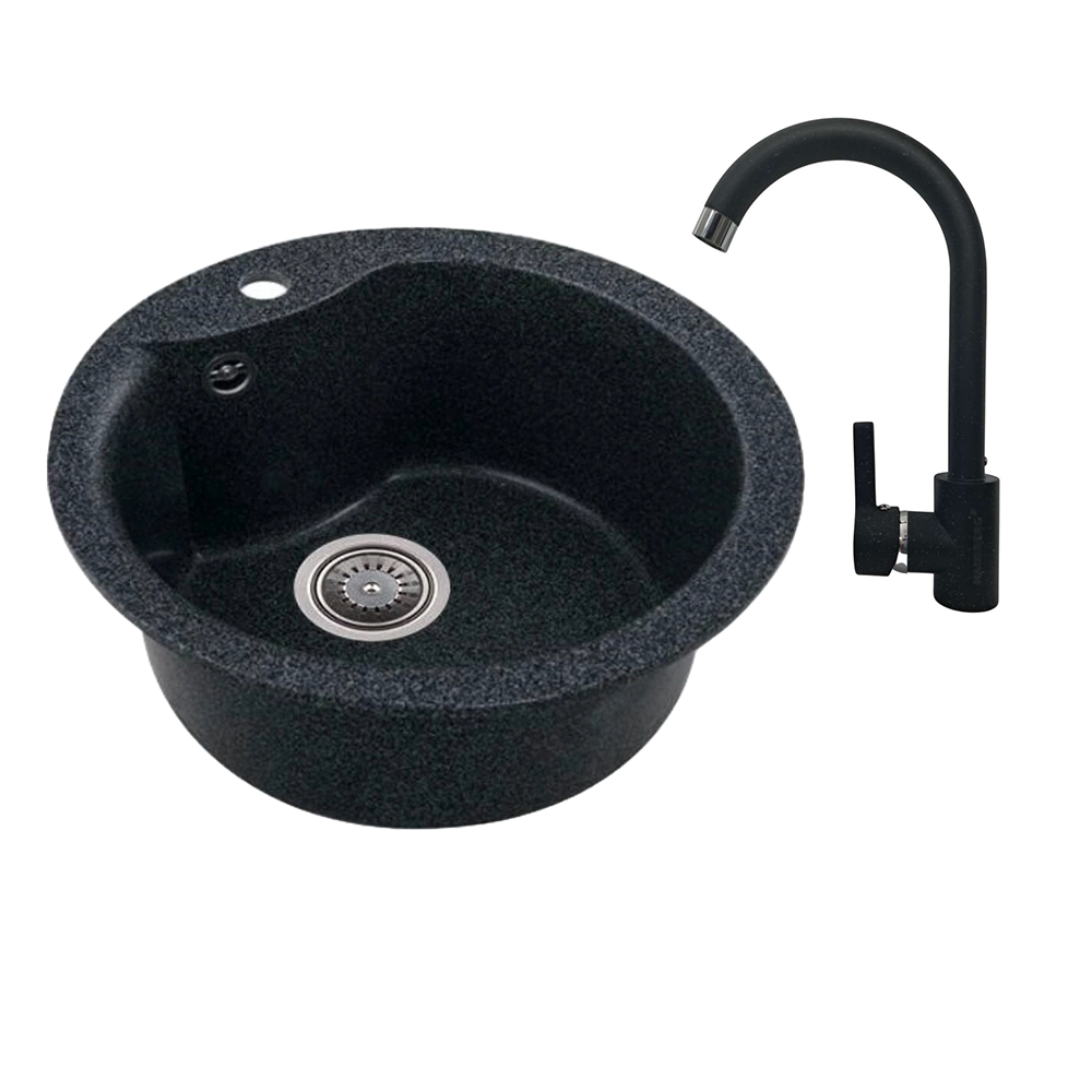 Oferte la Chiuveta bucatarie Hausberg Pi, cu baterie, granit-compozit, rotund, negru, 480 mm