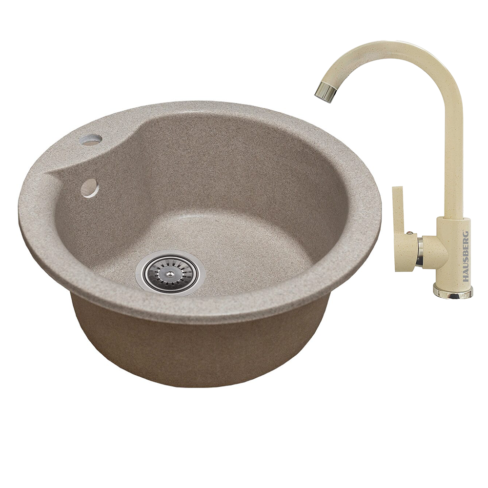 Oferte la Chiuveta bucatarie Hausberg Pi, cu baterie, granit-compozit, rotund, bej, 480 mm